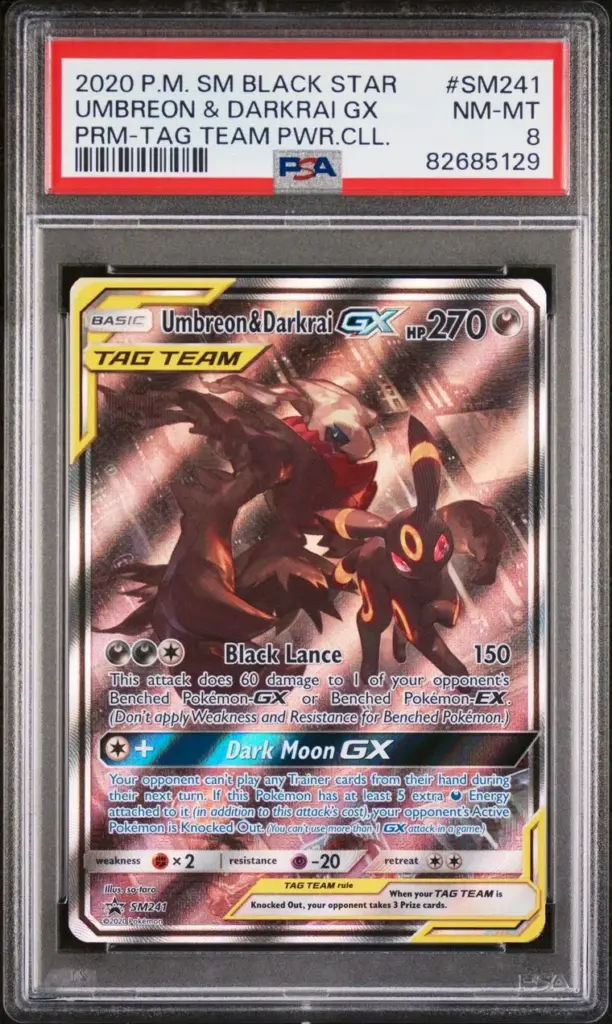 UMBREON & DARKRAI GX SM241/SM – Sun & Moon Black Star Promos – PSA 8